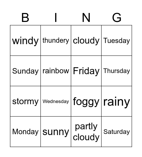 Weather and Days Bingo Card