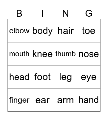 Body Parts Bingo Card