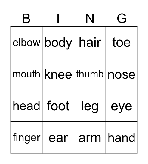 Body Parts Bingo Card