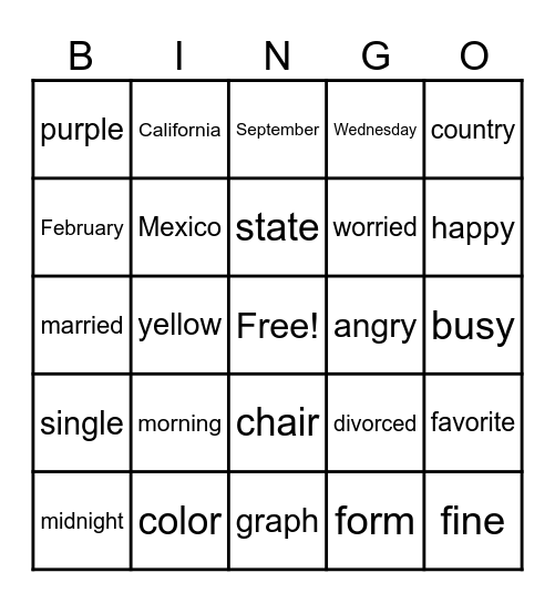 Unit 2 Bingo Card