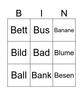 Wörter mit B/b Bingo Card