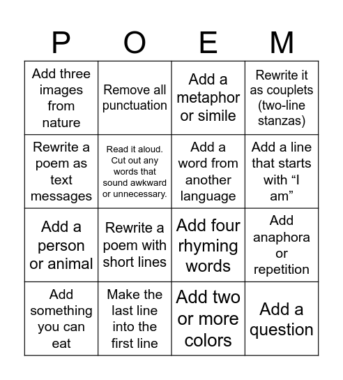 Revision Bingo Card