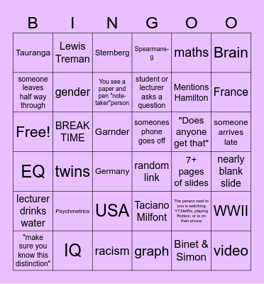 Psych 100 Intelligence II Week 11 Bingo Card