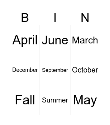 Seasons & Months Bingo Card