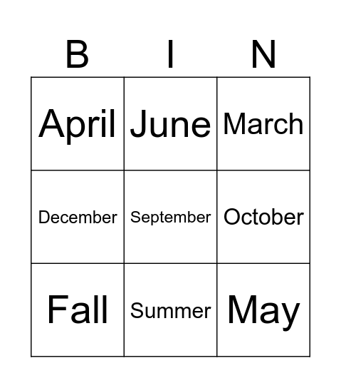 Seasons & Months Bingo Card