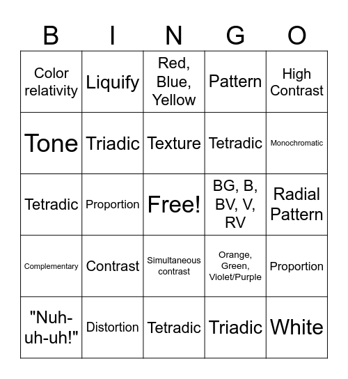 Final Art Exam Bingo Card