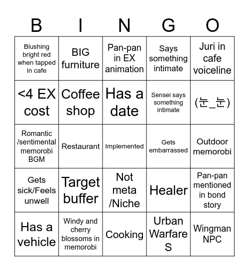 Casual Fuuka Bingo Card
