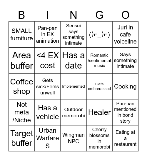Casual Fuuka Bingo Card