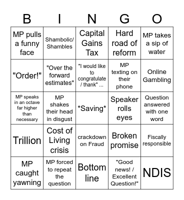 Question Time Bingo Card