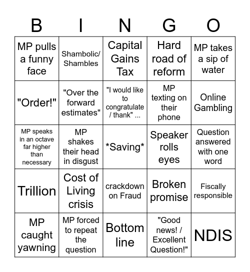 Question Time Bingo Card