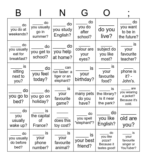QUESTION WORDS Bingo Card