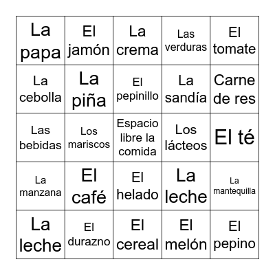La comida Bingo Card