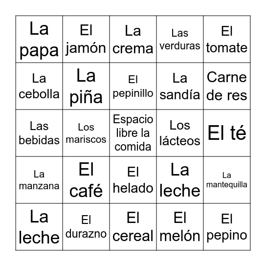 La comida Bingo Card