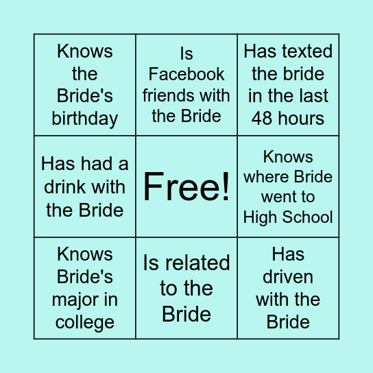 BRIDE BINGO! Bingo Card