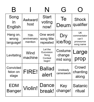 ESC Semi Final 1 Bingo Card
