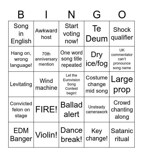 ESC Semi Final 1 Bingo Card