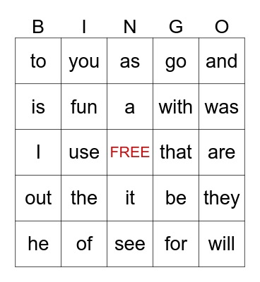 Sight Word Bingo Card