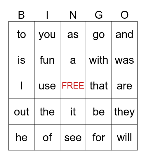 Sight Word Bingo Card