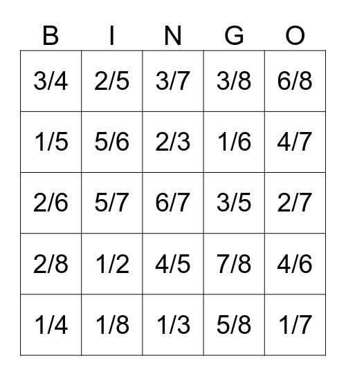 Fraction Bingo Card