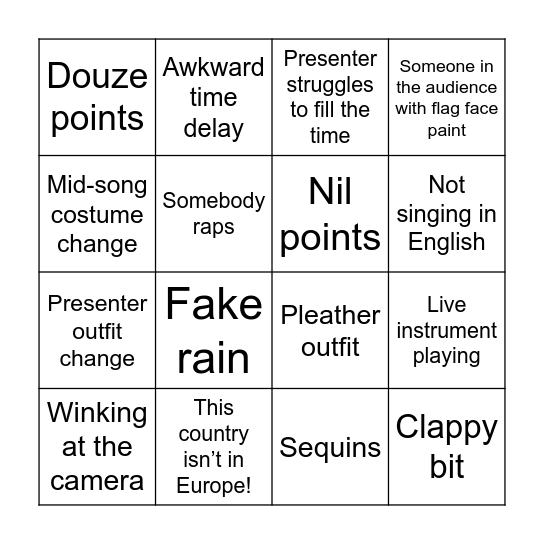 Eurovision Bingo 2026 Bingo Card
