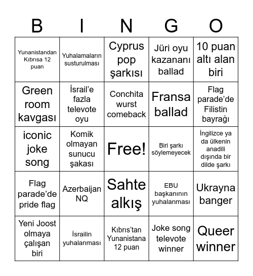 Eurovision Bingo Card