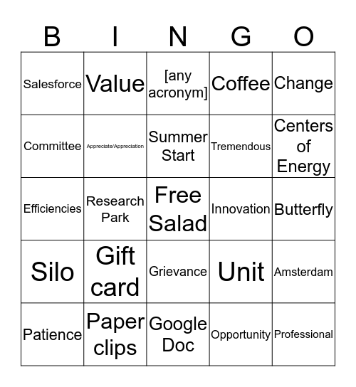 Division Meeting Bingo Card