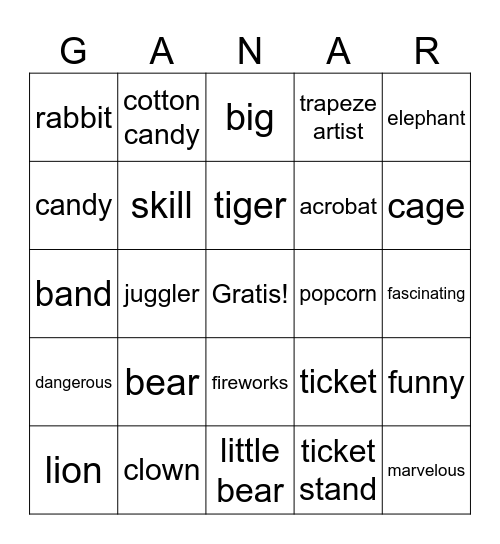 SPA 2 Reading Final Vocab- El Circo (SPA-->ENG) Bingo Card