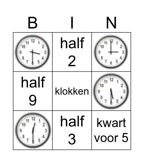 klokken hele uren, halve uren en kwartieren in woord en beeld Bingo Card