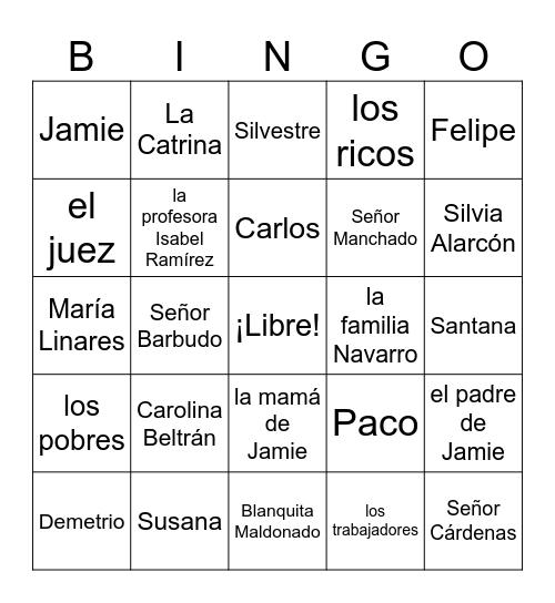 Los Personajes en La Catrina Bingo Card