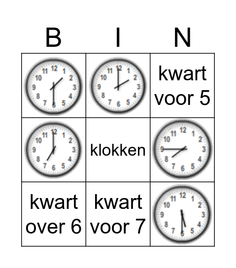 klokken hele uren, halve uren en kwartieren in woord en beeld Bingo Card