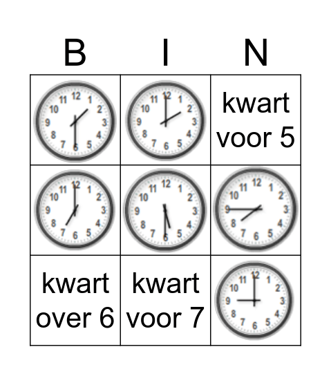 klokken hele uren, halve uren en kwartieren in woord en beeld Bingo Card