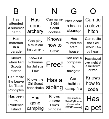 Girl Scout BINGO Card