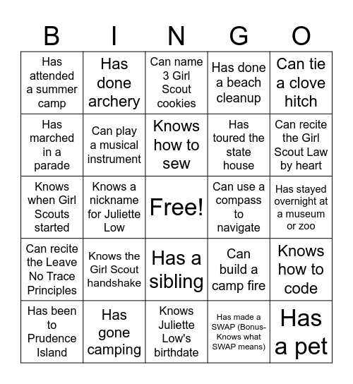 Girl Scout BINGO Card