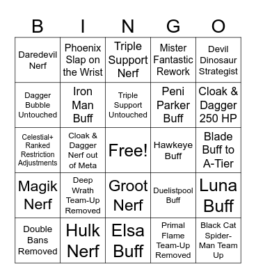 Marvel Rivals Season 8.0 Balance Changes Bingo Card