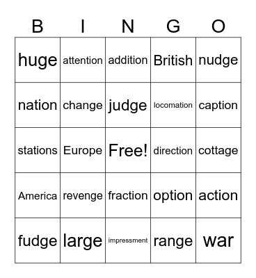 Spelling BINGO Card