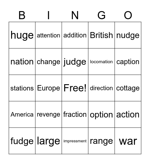 Spelling BINGO Card