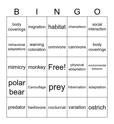 ANIMAL ADAPTATIONS BINGO Card