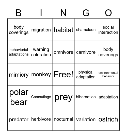 ANIMAL ADAPTATIONS BINGO Card