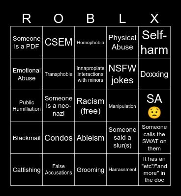 Every Roblox Game Drama Bingo Card