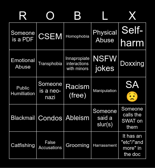 Every Roblox Game Drama Bingo Card