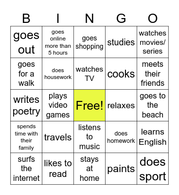 Find Someone Who... in their free time Bingo Card