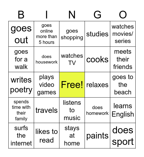 Find Someone Who... in their free time Bingo Card