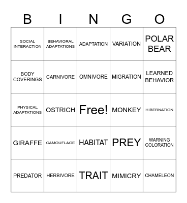 ANIMAL ADAPTATIONS BINGO Card