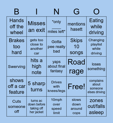 Lexi Driving Bingo Card