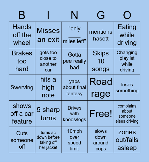 Lexi Driving Bingo Card