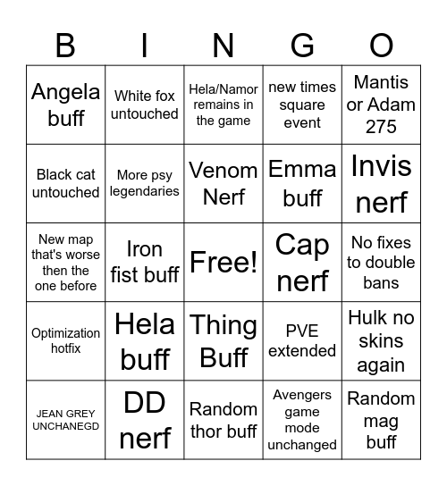 Season 8 bingo Card