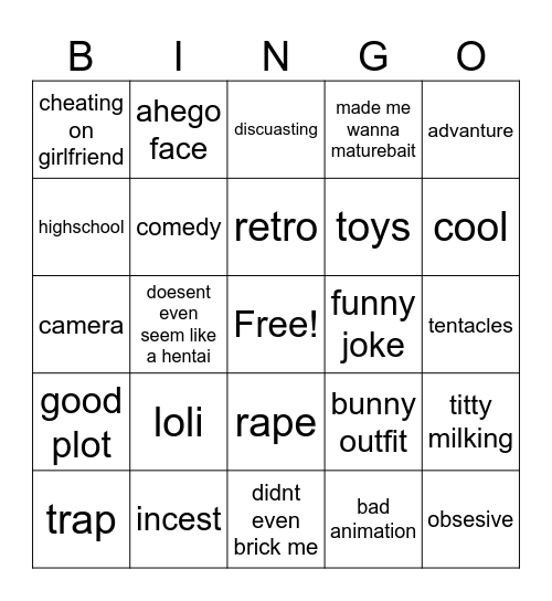 hentai.tv Bingo Card