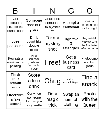 Ruby’s Royal Pub Crawl Bingo Card
