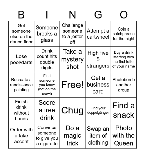 Ruby’s Royal Pub Crawl Bingo Card