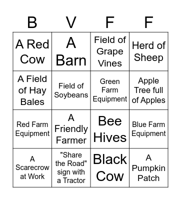 BVFF Agriculture Scavenger Hunt Bingo Card